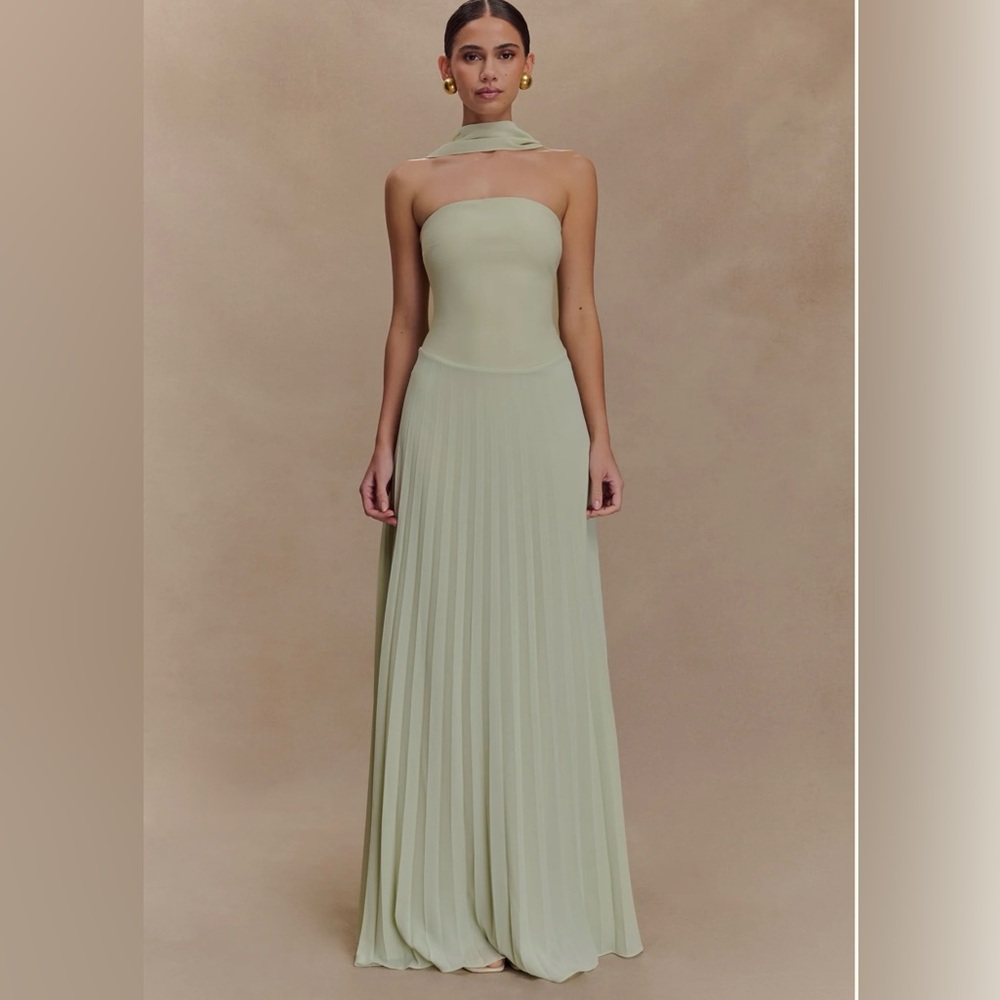 Meshki Sage Green Pleated Maxi Dress with Neck Scarf